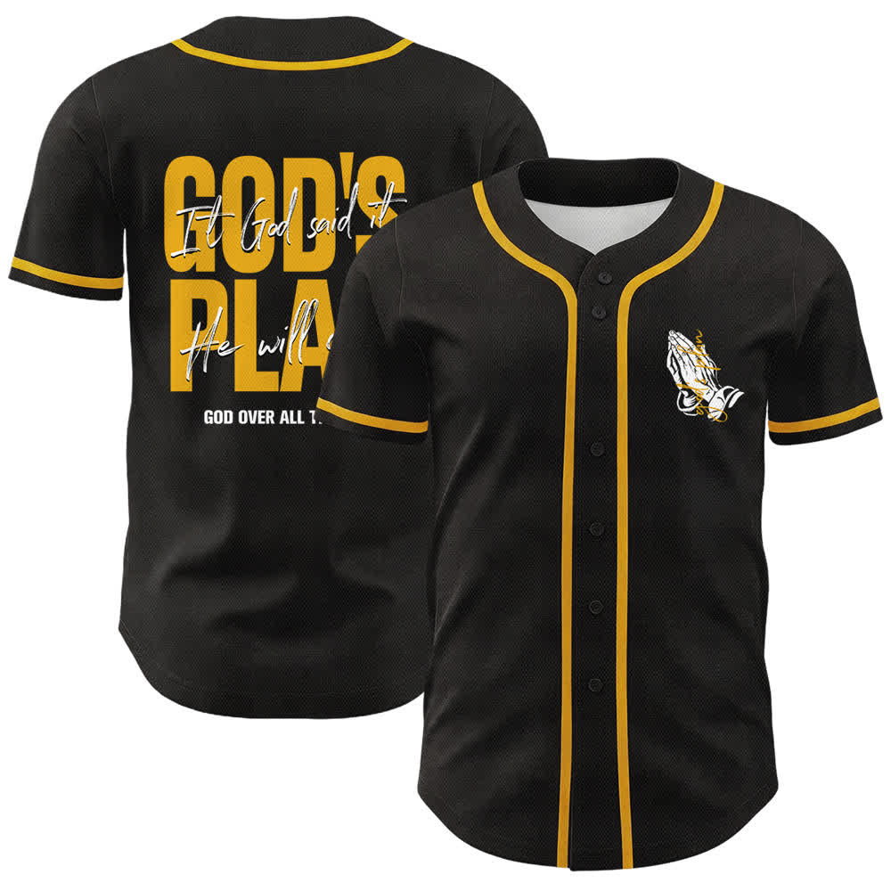 Christianartworkshop Il piano di Dio Mani in preghiera Slogan di fede Maglia da baseball unisex con stampa su entrambi i lati - D'oro - 5XL - image 3