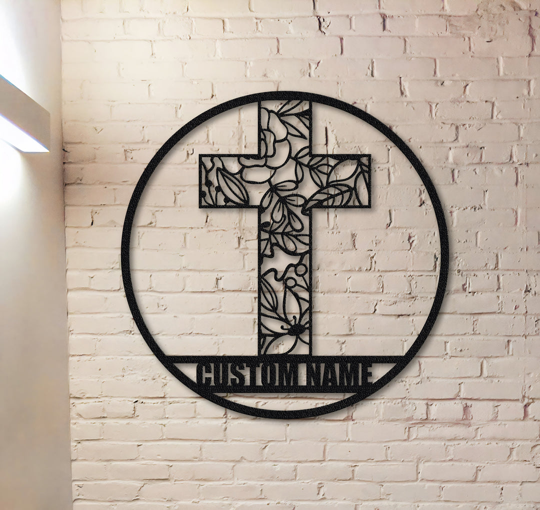 Christianartworkshop Croce floreale incisa al laser, decorazione murale personalizzata in metallo: simbolo di pace e nuova vita. - image 0