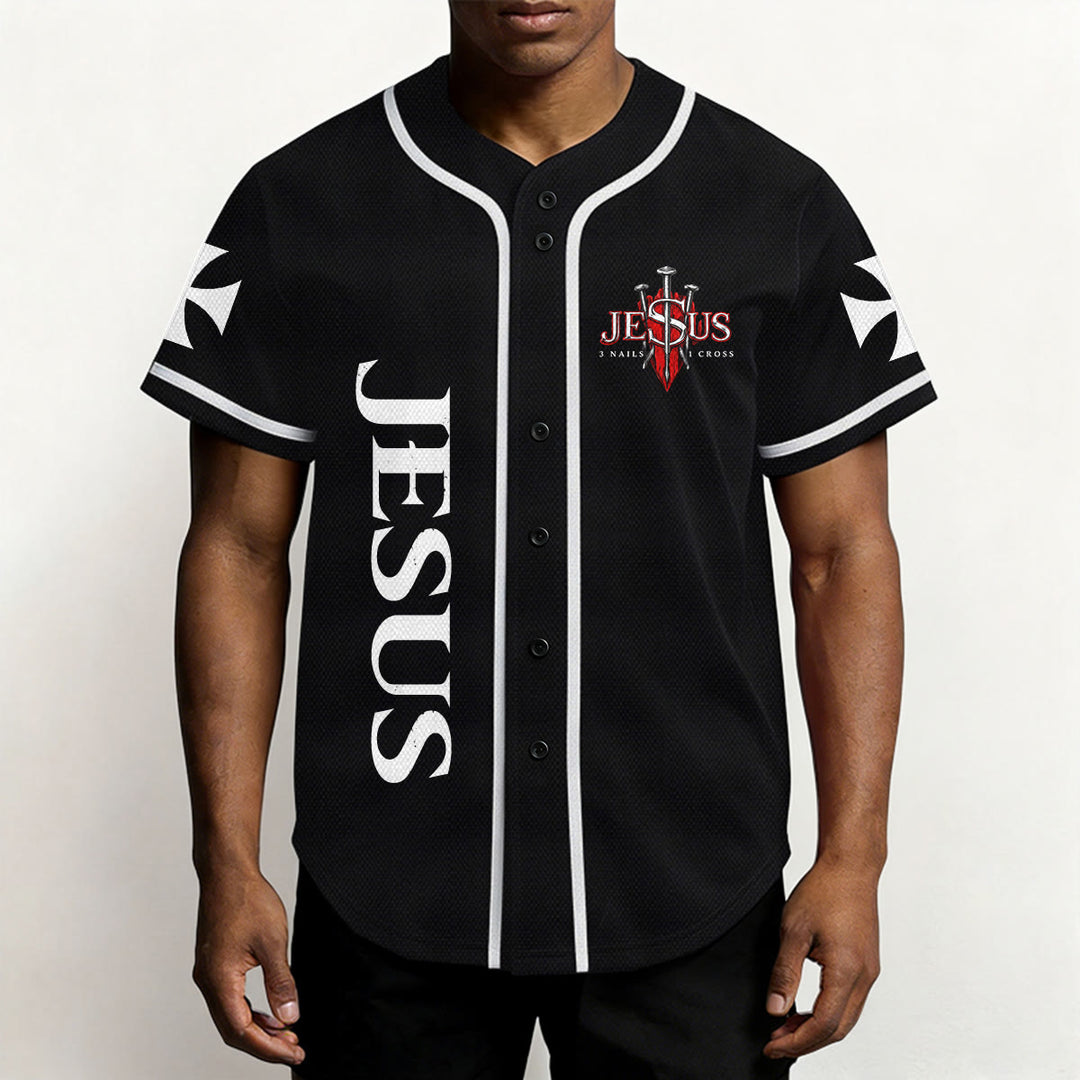 Christianartworkshop Emblema frontale verticale di Gesù con croce e chiodi, sul retro ritratto del Leone di Giuda con fulmine, maglia da baseball con bottoni - image 10