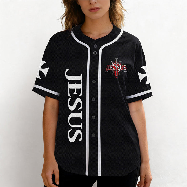 Christianartworkshop Emblema frontale verticale di Gesù con croce e chiodi, sul retro ritratto del Leone di Giuda con fulmine, maglia da baseball con bottoni - image 12
