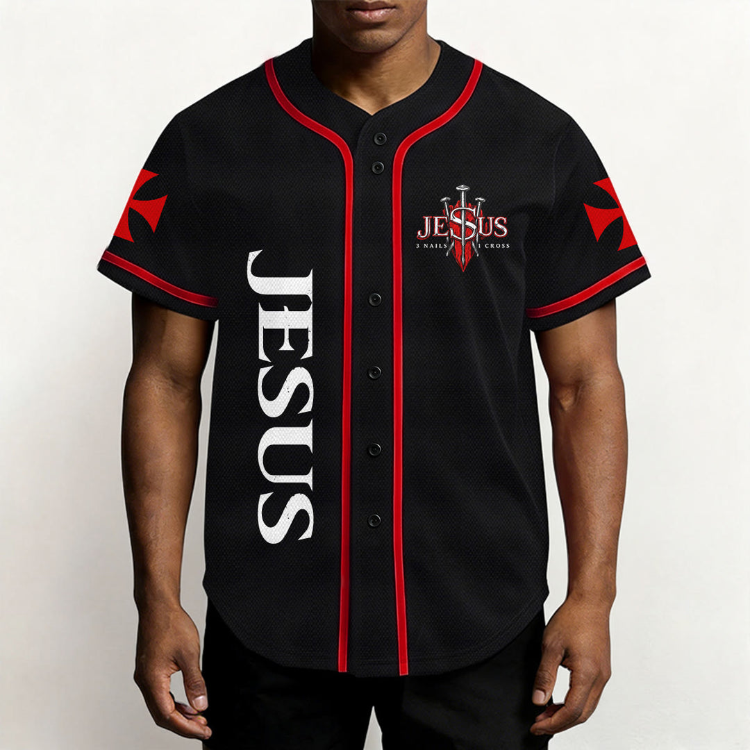 Christianartworkshop Emblema frontale verticale di Gesù con croce e chiodi, sul retro ritratto del Leone di Giuda con fulmine, maglia da baseball con bottoni - image 3