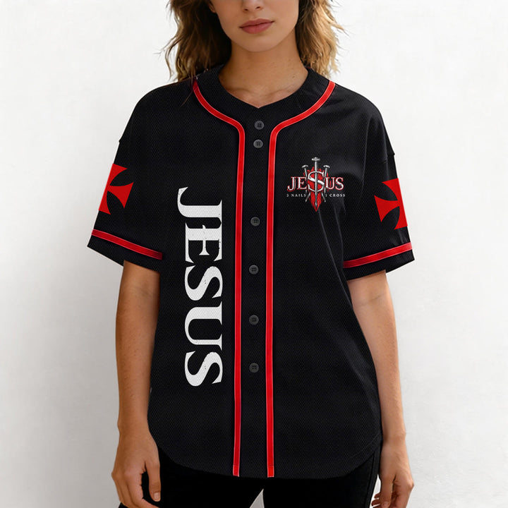 Christianartworkshop Emblema frontale verticale di Gesù con croce e chiodi, sul retro ritratto del Leone di Giuda con fulmine, maglia da baseball con bottoni - image 5