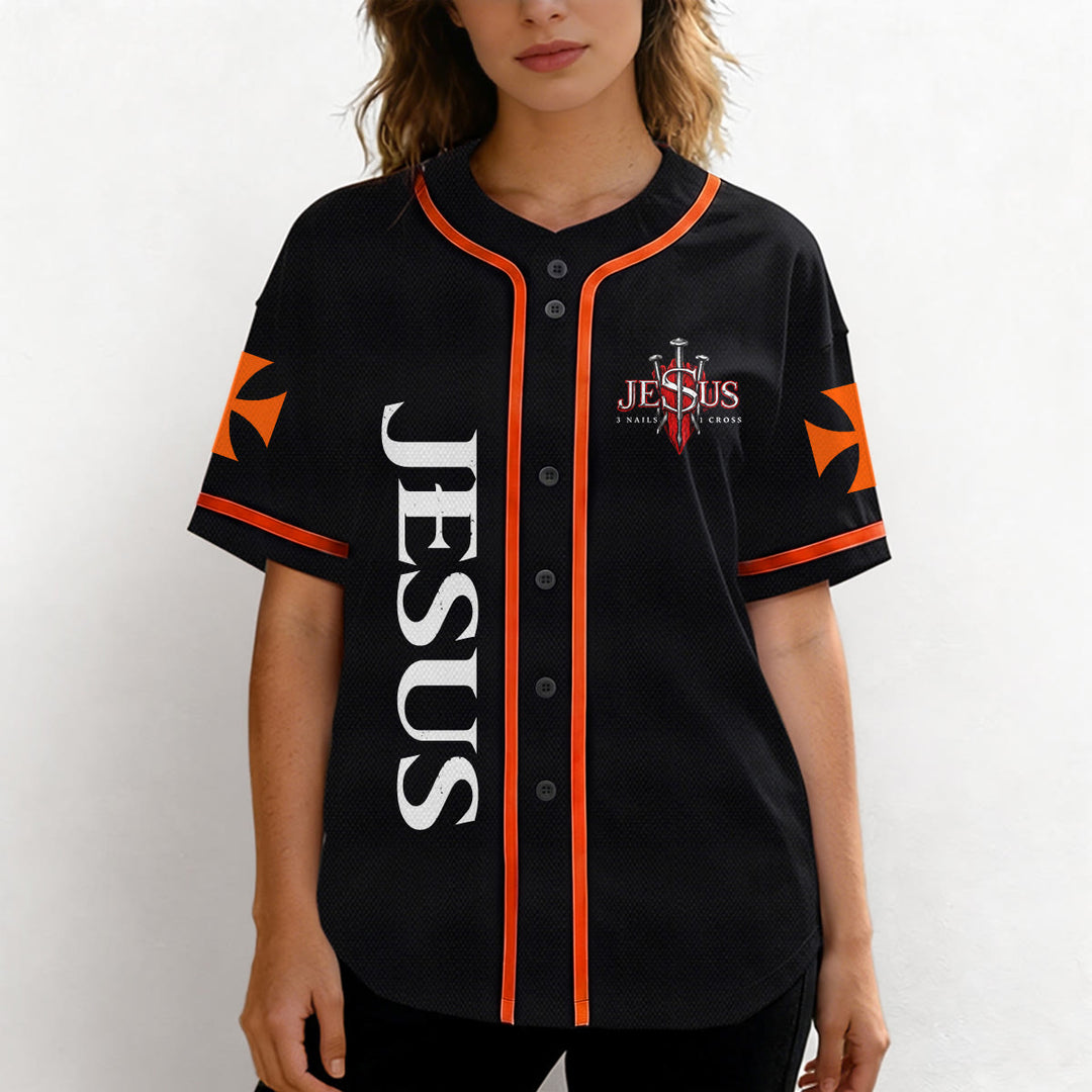 Christianartworkshop Emblema frontale verticale di Gesù con croce e chiodi, sul retro ritratto del Leone di Giuda con fulmine, maglia da baseball con bottoni - image 19