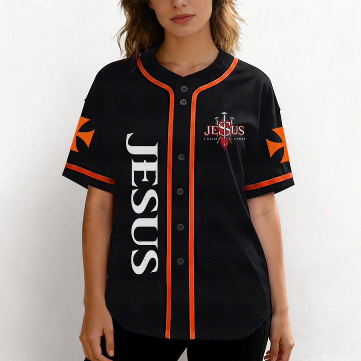 Christianartworkshop Emblema frontale verticale di Gesù con croce e chiodi, sul retro ritratto del Leone di Giuda con fulmine, maglia da baseball con bottoni - image 19
