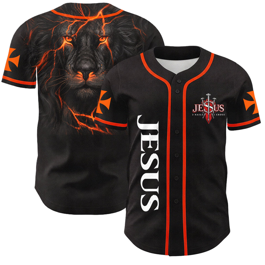 Christianartworkshop Emblema frontale verticale di Gesù con croce e chiodi, sul retro ritratto del Leone di Giuda con fulmine, maglia da baseball con bottoni - Arancia - 5XL - image 14