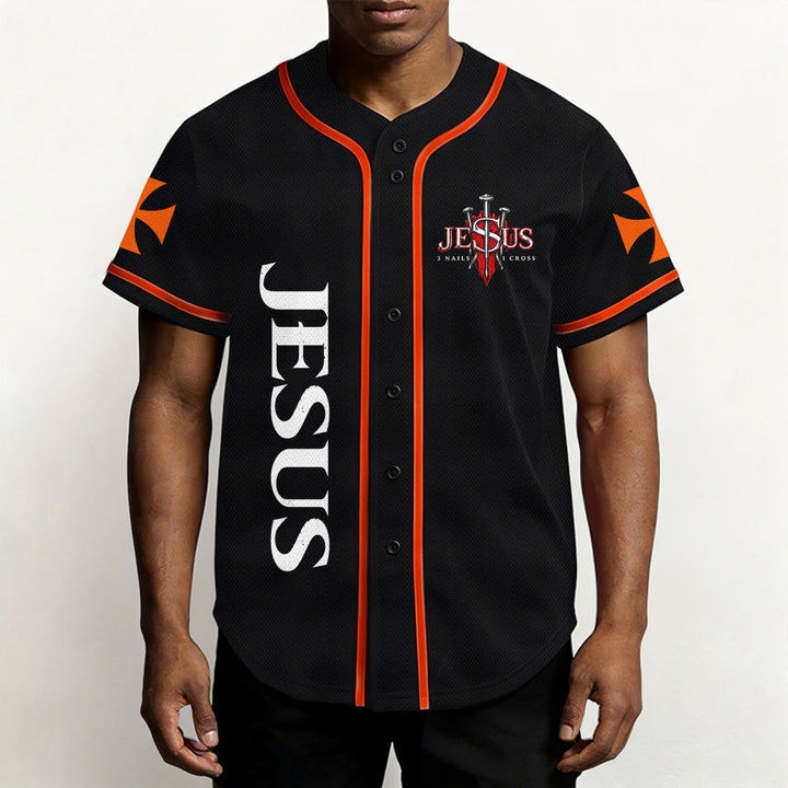 Christianartworkshop Emblema frontale verticale di Gesù con croce e chiodi, sul retro ritratto del Leone di Giuda con fulmine, maglia da baseball con bottoni - image 17