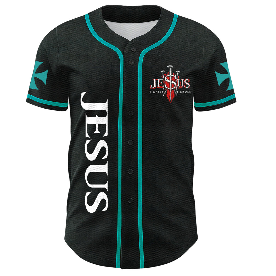 Christianartworkshop Emblema frontale verticale di Gesù con croce e chiodi, sul retro ritratto del Leone di Giuda con fulmine, maglia da baseball con bottoni - image 22