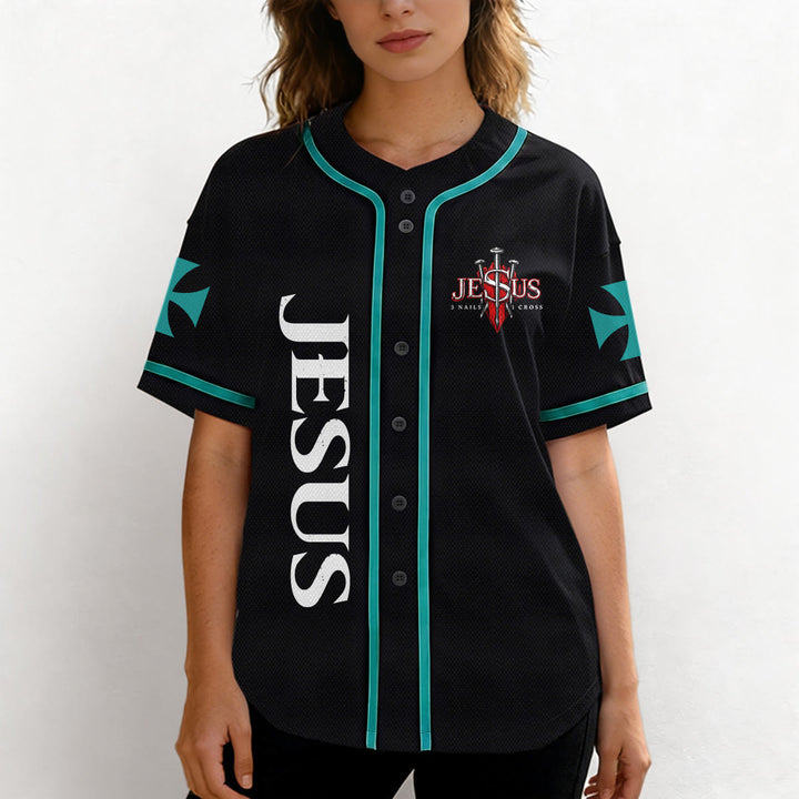 Christianartworkshop Emblema frontale verticale di Gesù con croce e chiodi, sul retro ritratto del Leone di Giuda con fulmine, maglia da baseball con bottoni - image 26