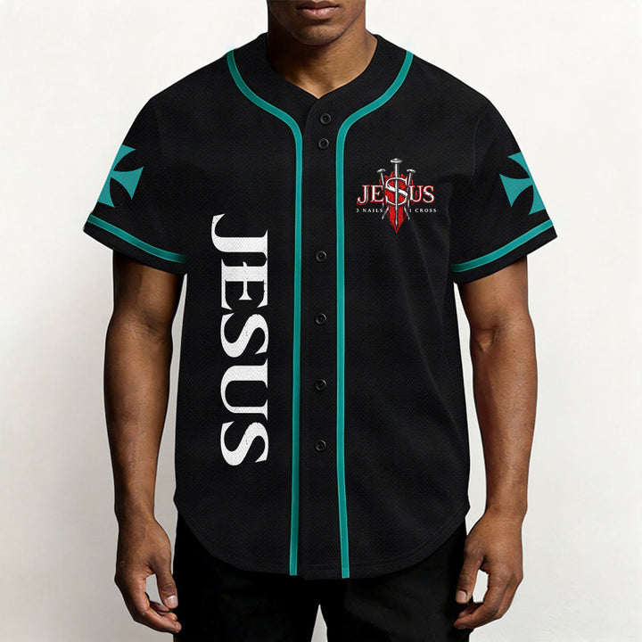 Christianartworkshop Emblema frontale verticale di Gesù con croce e chiodi, sul retro ritratto del Leone di Giuda con fulmine, maglia da baseball con bottoni - image 24