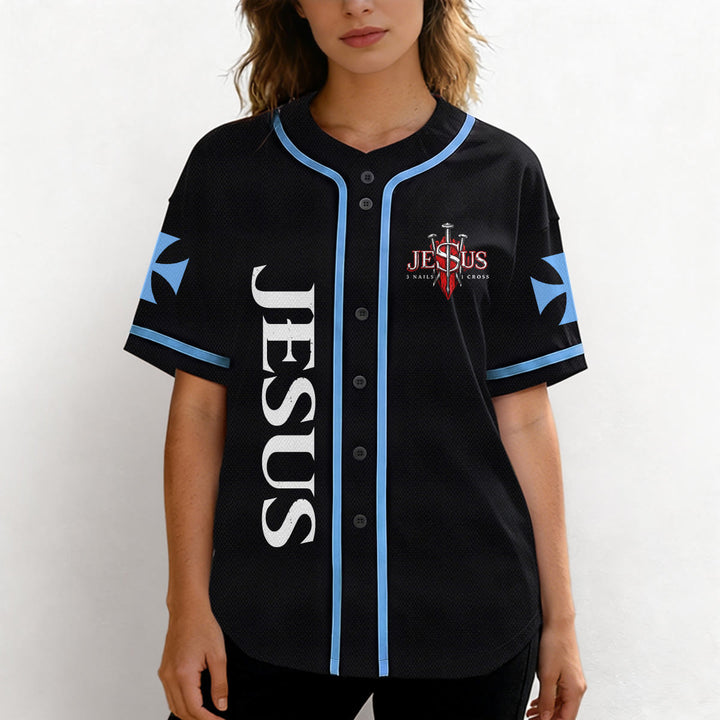 Christianartworkshop Emblema frontale verticale di Gesù con croce e chiodi, sul retro ritratto del Leone di Giuda con fulmine, maglia da baseball con bottoni - image 33