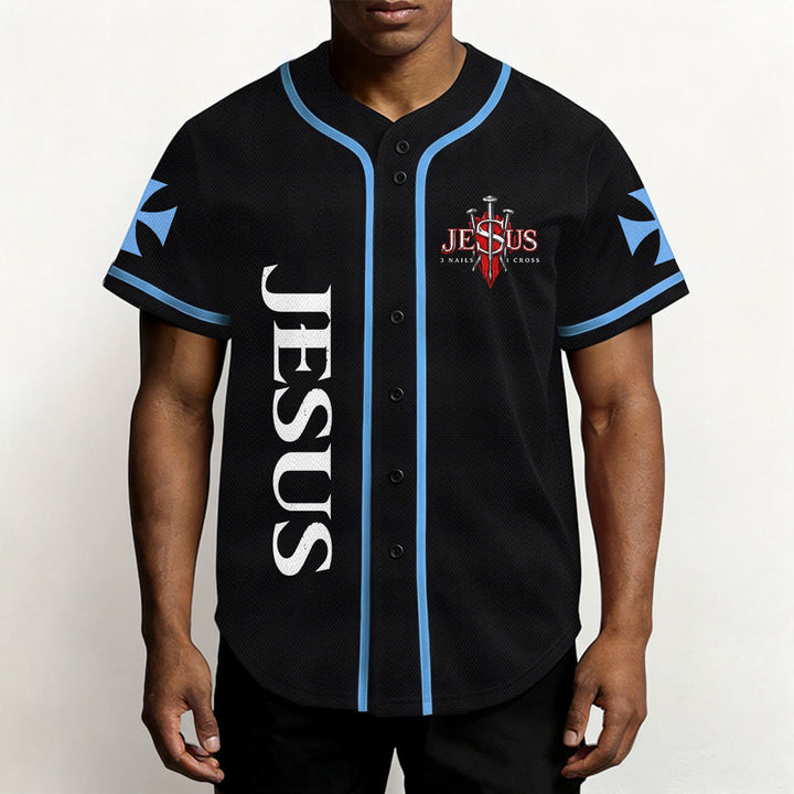 Christianartworkshop Emblema frontale verticale di Gesù con croce e chiodi, sul retro ritratto del Leone di Giuda con fulmine, maglia da baseball con bottoni - image 31