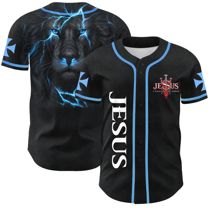 Christianartworkshop Emblema frontale verticale di Gesù con croce e chiodi, sul retro ritratto del Leone di Giuda con fulmine, maglia da baseball con bottoni - Blu celeste - 5XL - image 28