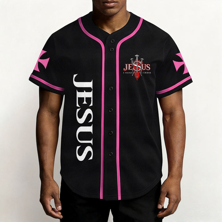 Christianartworkshop Emblema frontale verticale di Gesù con croce e chiodi, sul retro ritratto del Leone di Giuda con fulmine, maglia da baseball con bottoni - image 38