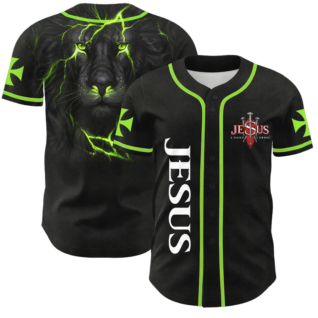 Christianartworkshop Emblema frontale verticale di Gesù con croce e chiodi, sul retro ritratto del Leone di Giuda con fulmine, maglia da baseball con bottoni - Verde - 5XL - image 42