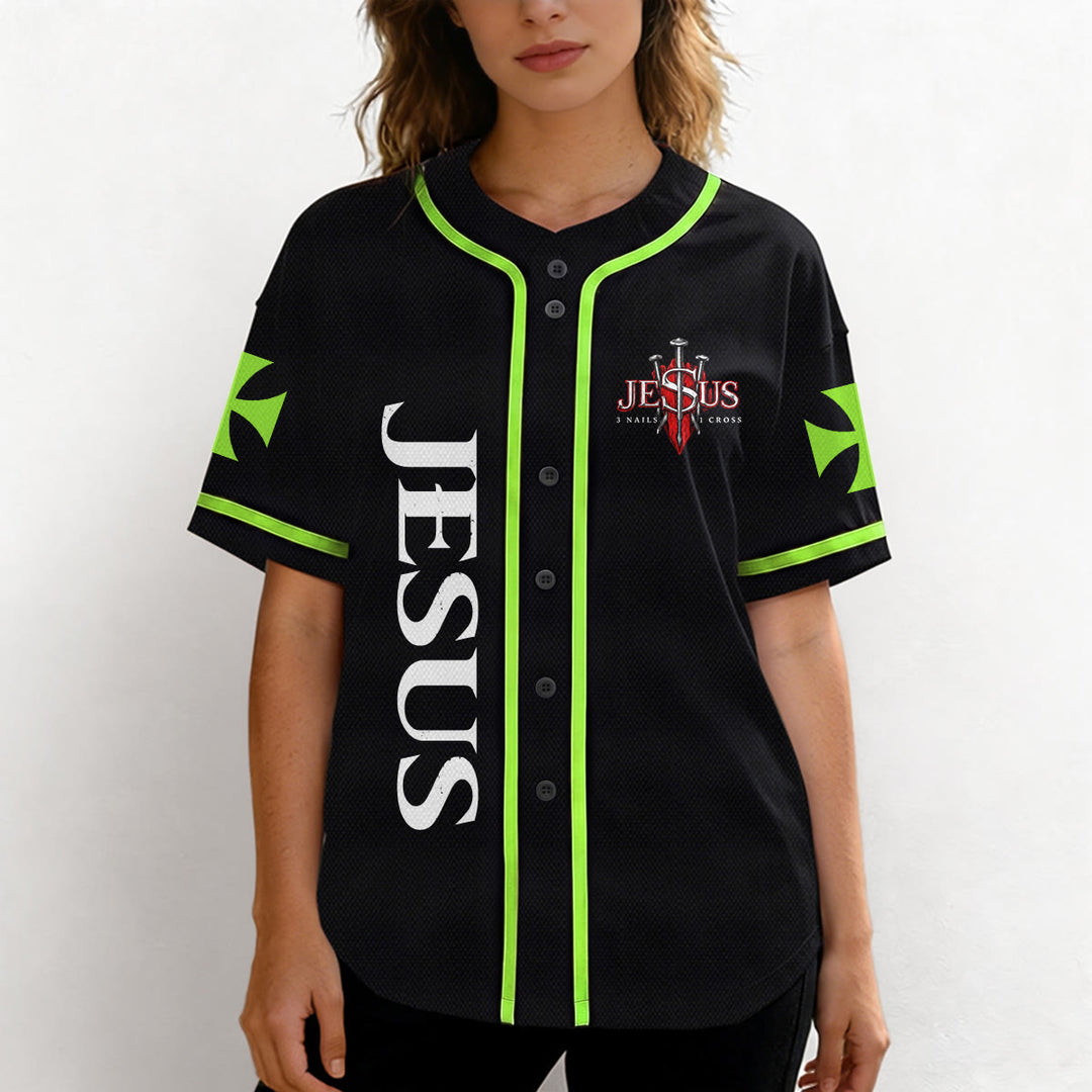 Christianartworkshop Emblema frontale verticale di Gesù con croce e chiodi, sul retro ritratto del Leone di Giuda con fulmine, maglia da baseball con bottoni - image 47