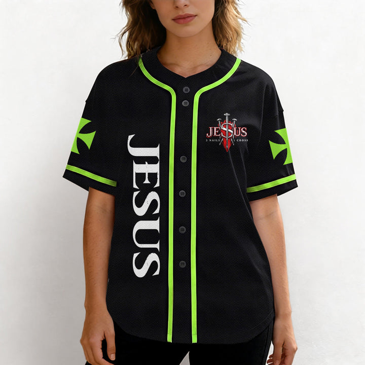 Christianartworkshop Emblema frontale verticale di Gesù con croce e chiodi, sul retro ritratto del Leone di Giuda con fulmine, maglia da baseball con bottoni - image 47