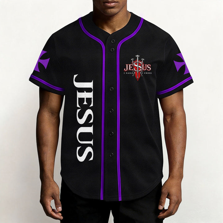 Christianartworkshop Emblema frontale verticale di Gesù con croce e chiodi, sul retro ritratto del Leone di Giuda con fulmine, maglia da baseball con bottoni - image 52