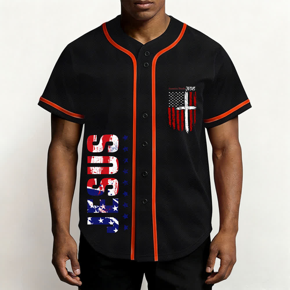 Christianartworkshop America Needs Jesus Maglia da baseball con bottoni e bandiera effetto invecchiato - image 27