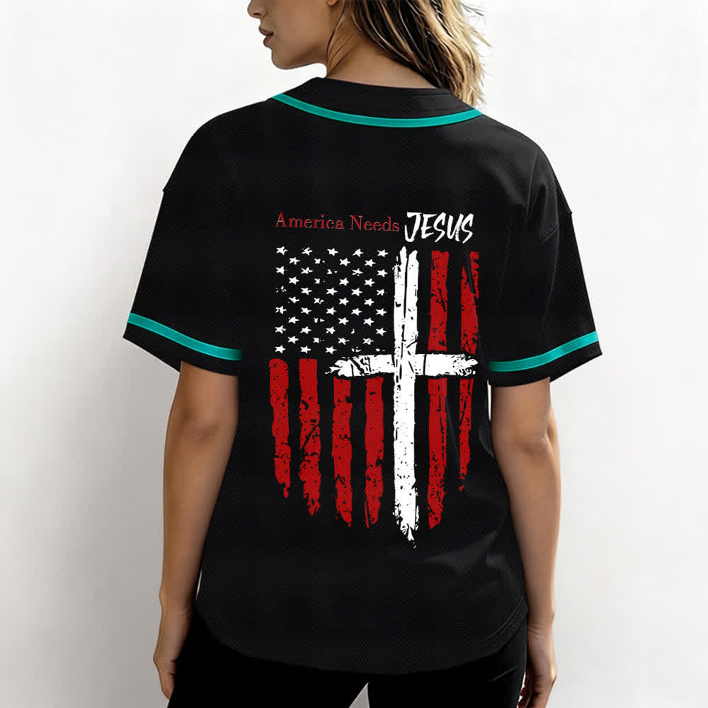 Christianartworkshop America Needs Jesus Maglia da baseball con bottoni e bandiera effetto invecchiato - image 45