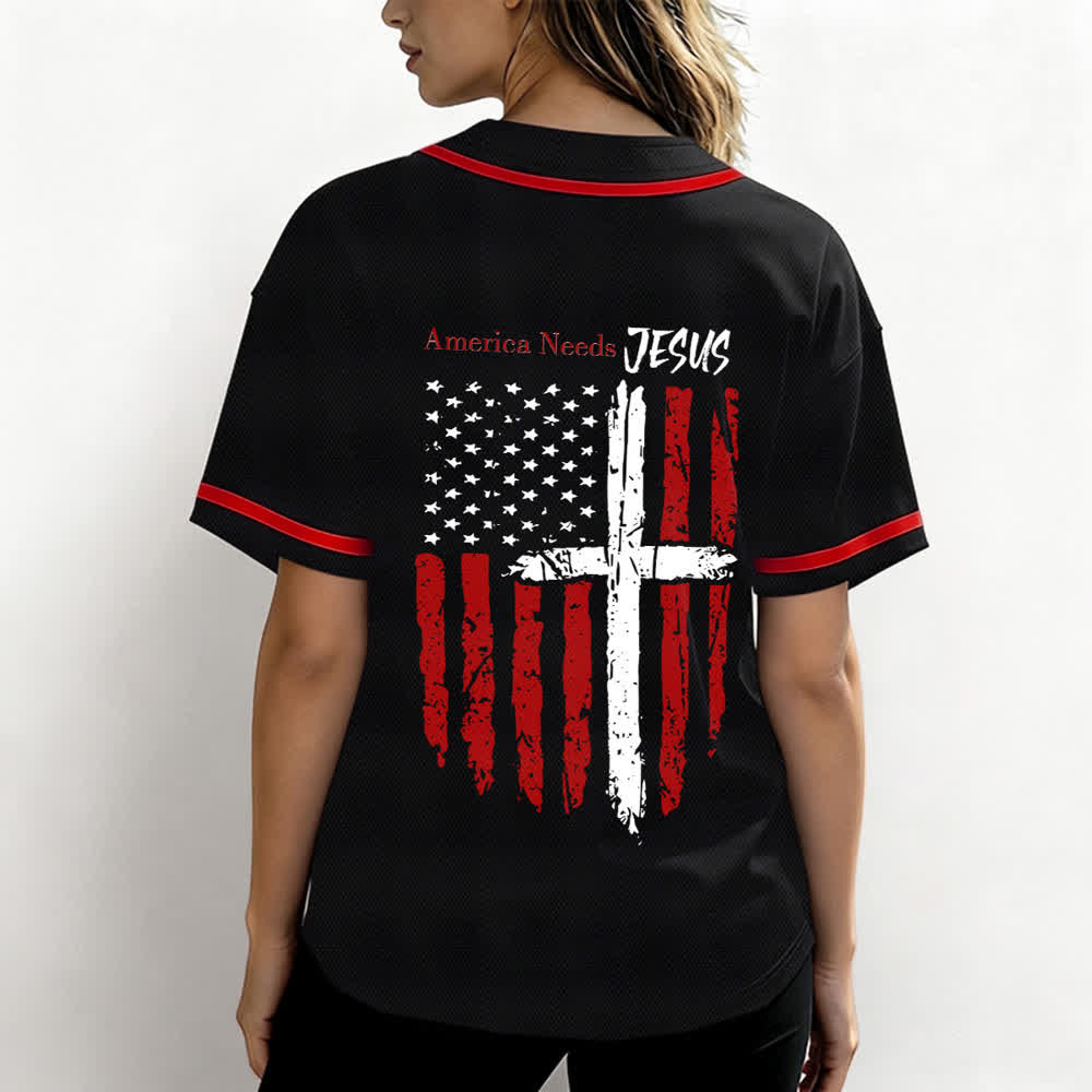 Christianartworkshop America Needs Jesus Maglia da baseball con bottoni e bandiera effetto invecchiato - image 17