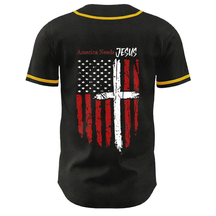 Christianartworkshop America Needs Jesus Maglia da baseball con bottoni e bandiera effetto invecchiato - image 1