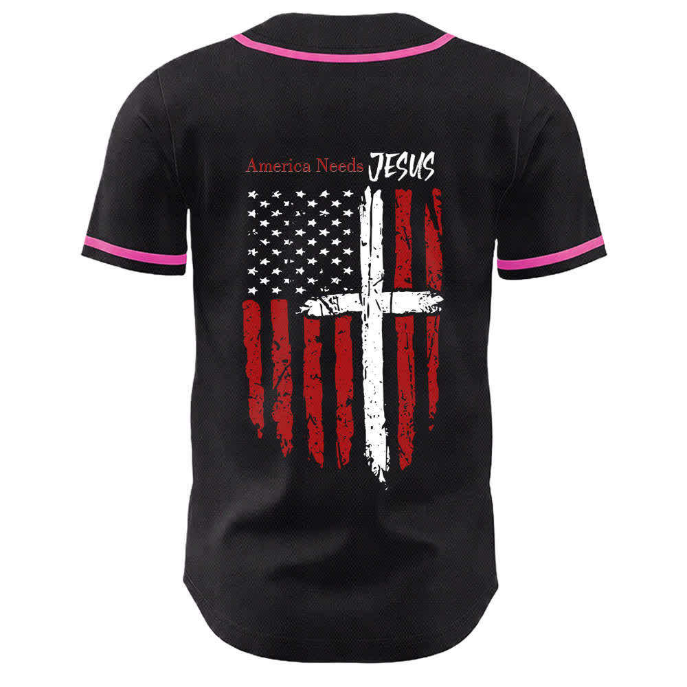 Christianartworkshop America Needs Jesus Maglia da baseball con bottoni e bandiera effetto invecchiato - image 50