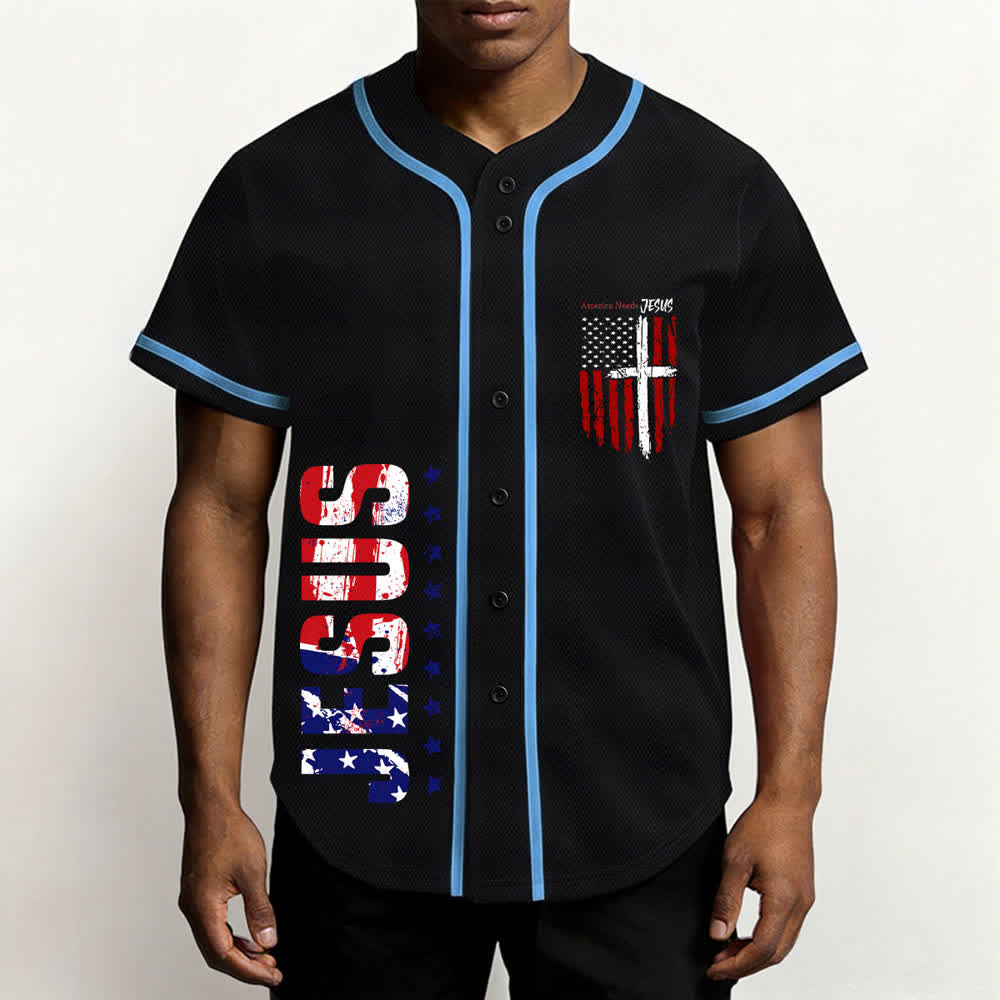 Christianartworkshop America Needs Jesus Maglia da baseball con bottoni e bandiera effetto invecchiato - image 34