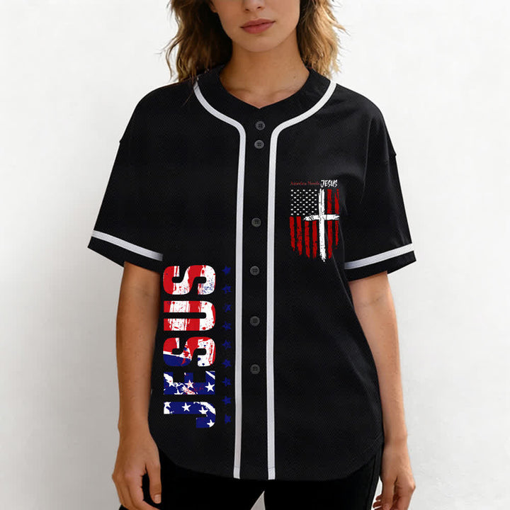 Christianartworkshop America Needs Jesus Maglia da baseball con bottoni e bandiera effetto invecchiato - image 11