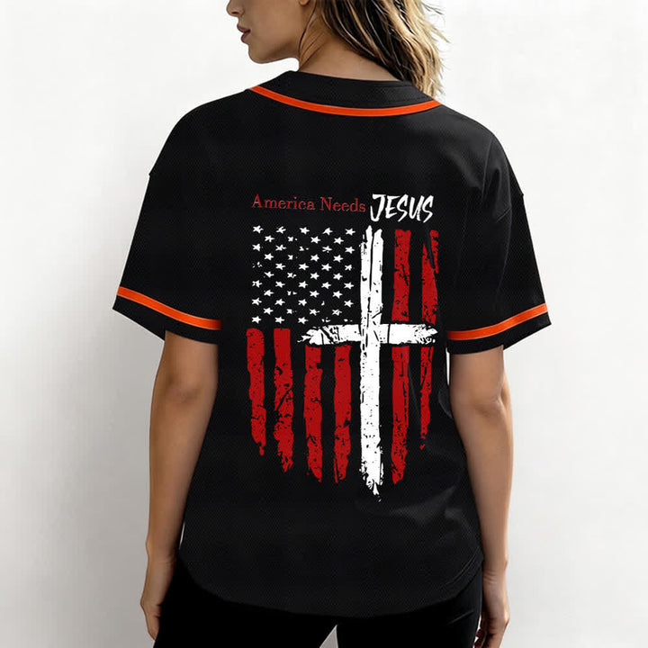Christianartworkshop America Needs Jesus Maglia da baseball con bottoni e bandiera effetto invecchiato - image 24