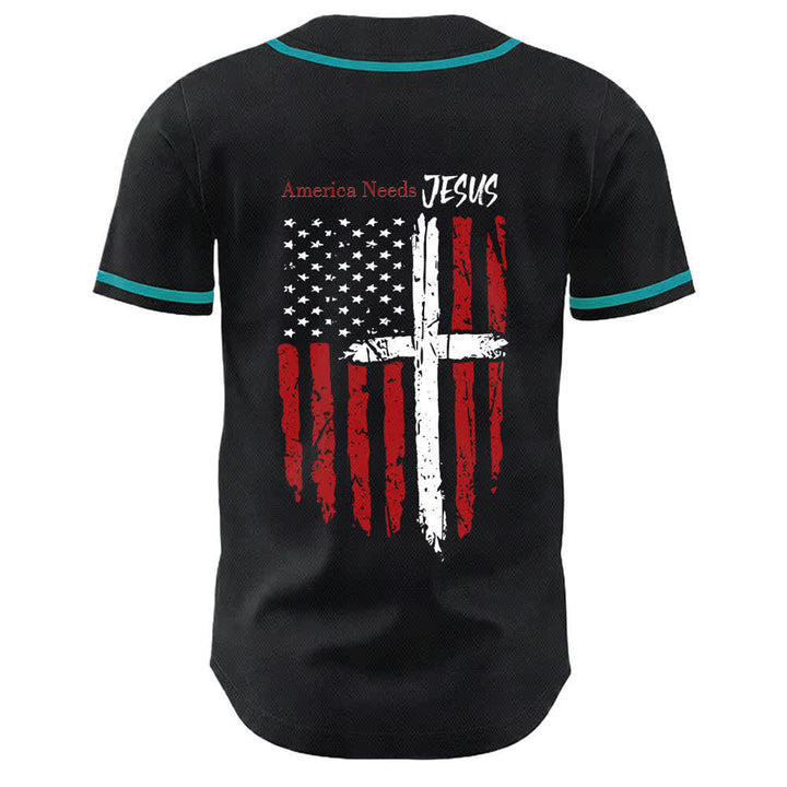 Christianartworkshop America Needs Jesus Maglia da baseball con bottoni e bandiera effetto invecchiato - image 43