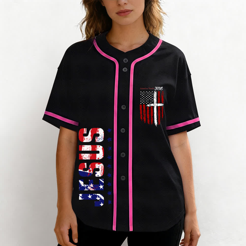 Christianartworkshop America Needs Jesus Maglia da baseball con bottoni e bandiera effetto invecchiato - image 53