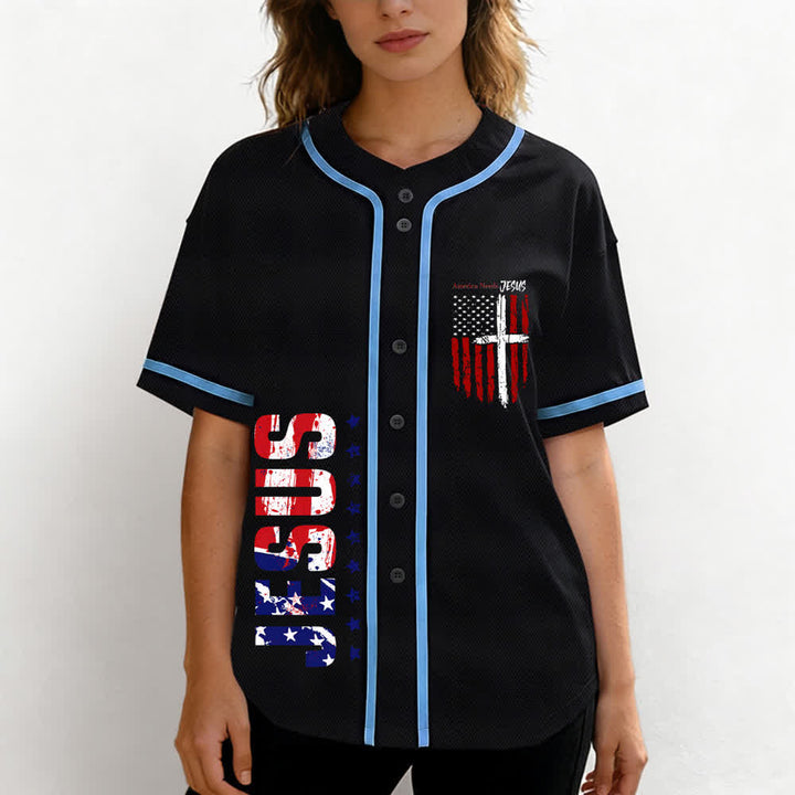 Christianartworkshop America Needs Jesus Maglia da baseball con bottoni e bandiera effetto invecchiato - image 32