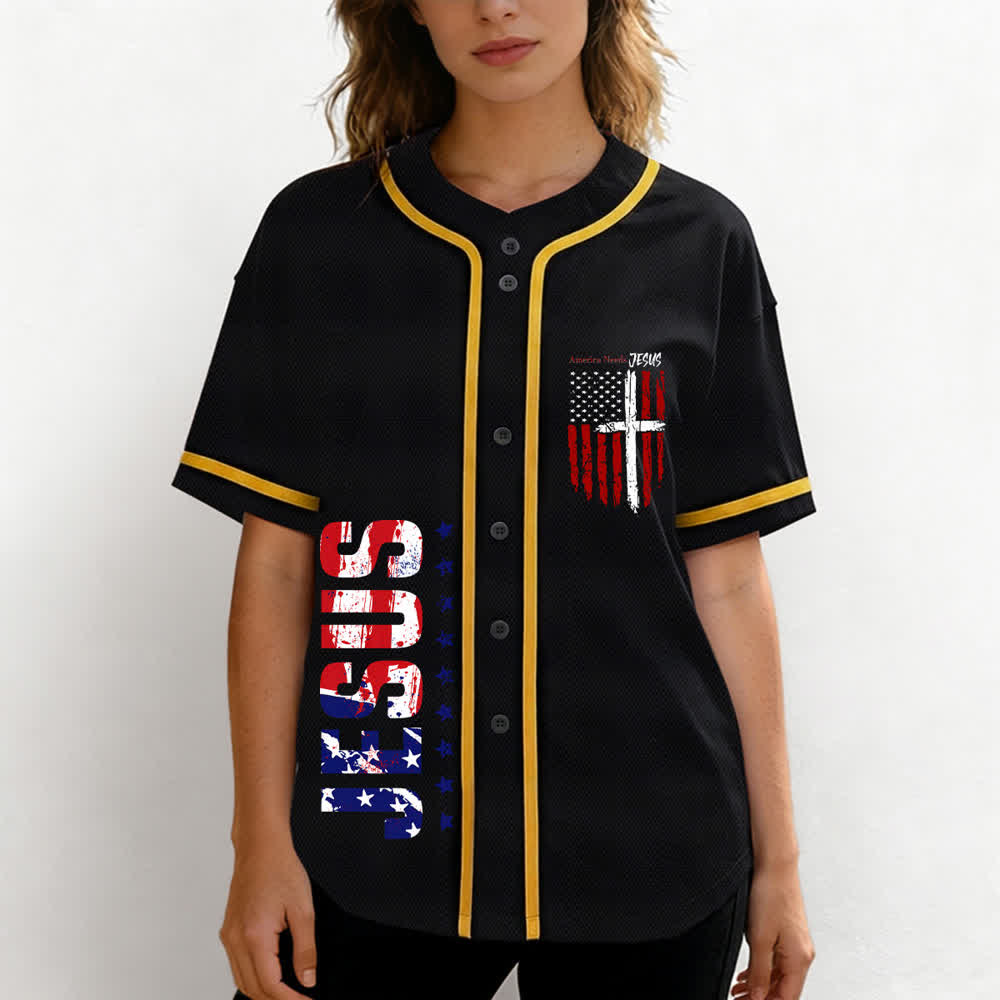 Christianartworkshop America Needs Jesus Maglia da baseball con bottoni e bandiera effetto invecchiato - image 4