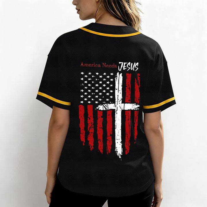 Christianartworkshop America Needs Jesus Maglia da baseball con bottoni e bandiera effetto invecchiato - image 3