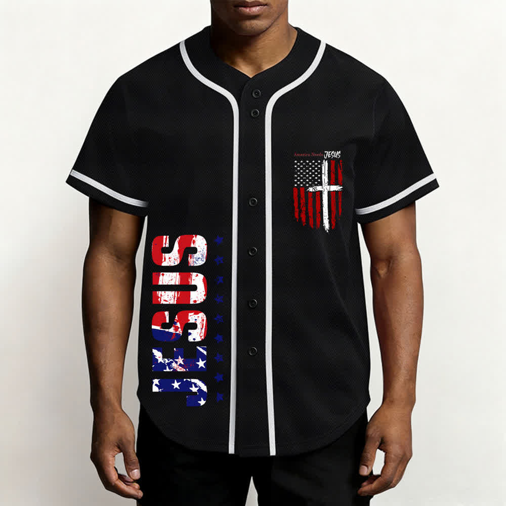 Christianartworkshop America Needs Jesus Maglia da baseball con bottoni e bandiera effetto invecchiato - image 13
