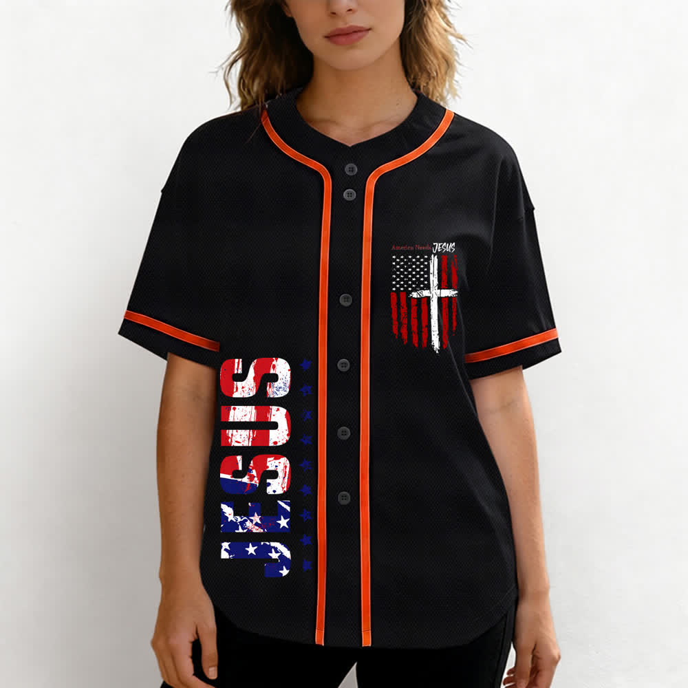 Christianartworkshop America Needs Jesus Maglia da baseball con bottoni e bandiera effetto invecchiato - image 25