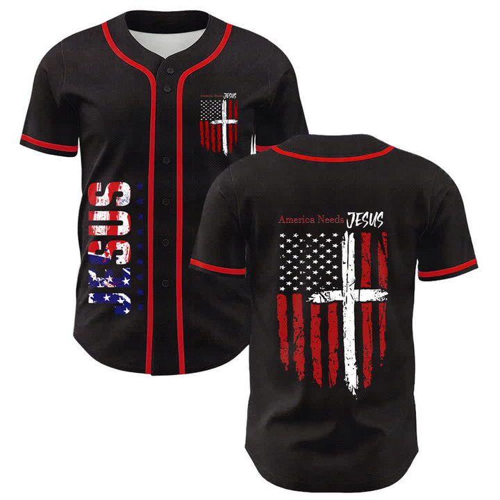 Christianartworkshop America Needs Jesus Maglia da baseball con bottoni e bandiera effetto invecchiato - Rosso - 5XL - image 14