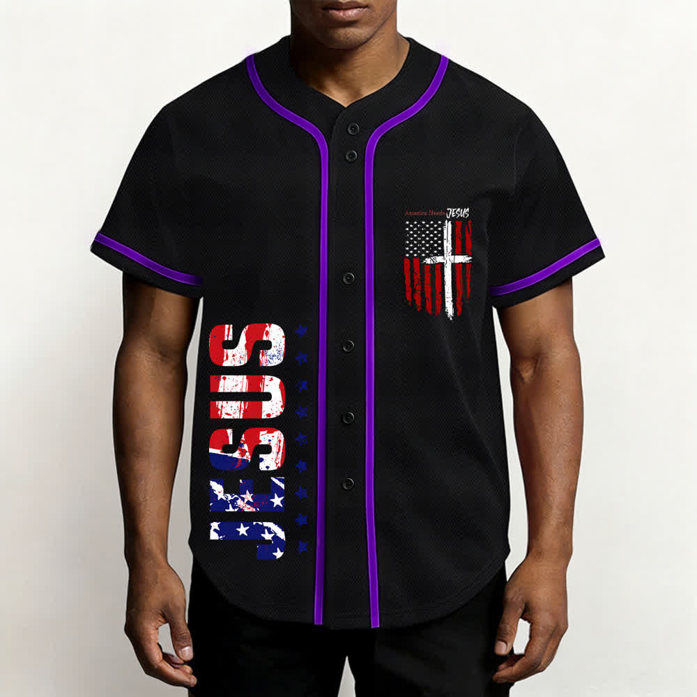 Christianartworkshop America Needs Jesus Maglia da baseball con bottoni e bandiera effetto invecchiato - image 62
