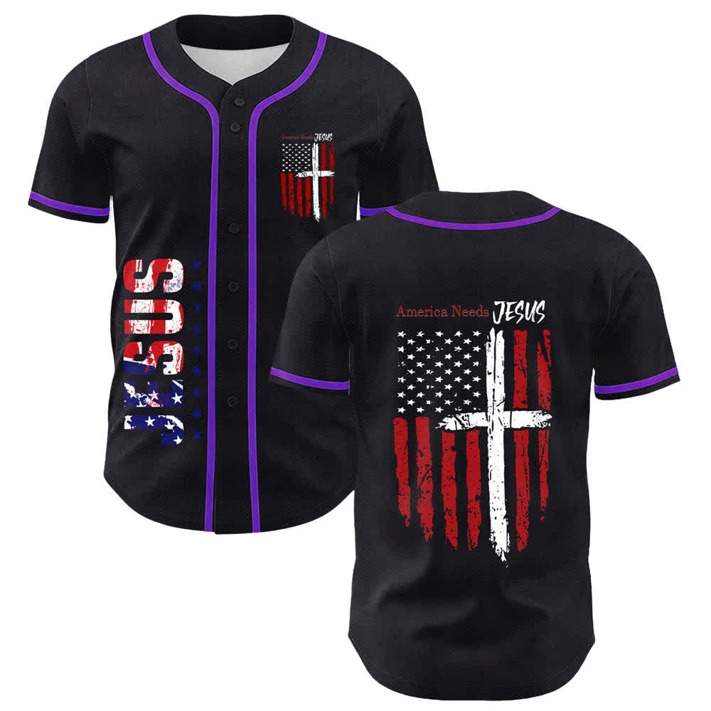 Christianartworkshop America Needs Jesus Maglia da baseball con bottoni e bandiera effetto invecchiato - image 56