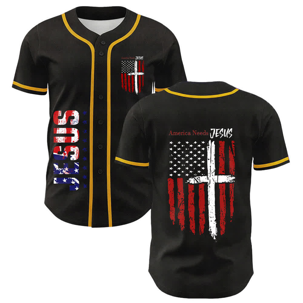 Christianartworkshop America Needs Jesus Maglia da baseball con bottoni e bandiera effetto invecchiato - Giallo - 5XL - image 0