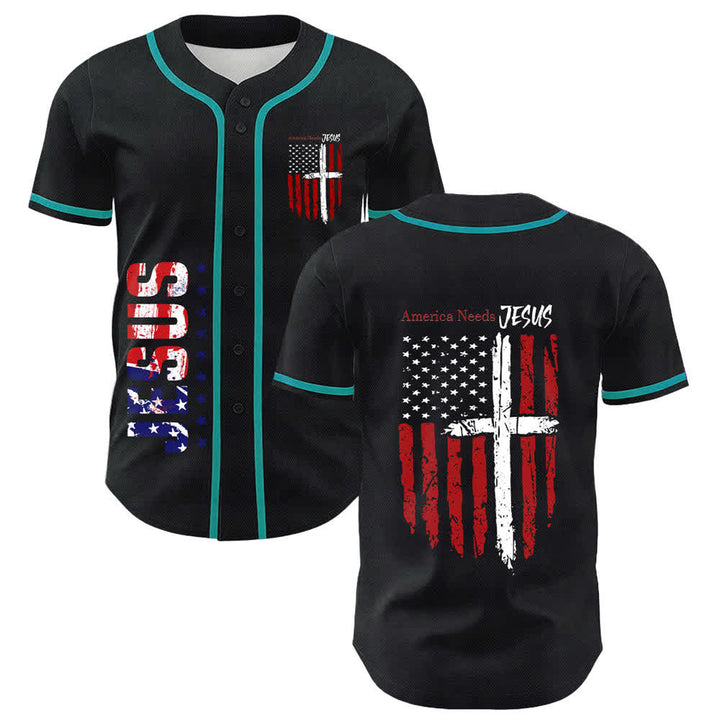 Christianartworkshop America Needs Jesus Maglia da baseball con bottoni e bandiera effetto invecchiato - Lago Blu - 5XL - image 42