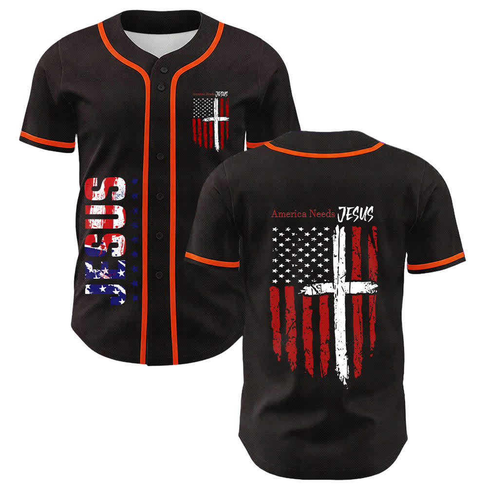 Christianartworkshop America Needs Jesus Maglia da baseball con bottoni e bandiera effetto invecchiato - Arancia - 5XL - image 21