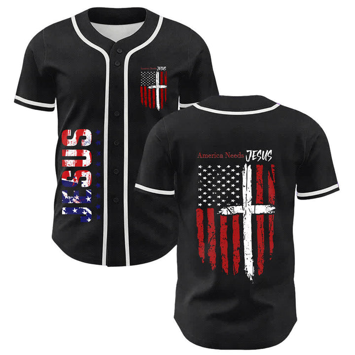 Christianartworkshop America Needs Jesus Maglia da baseball con bottoni e bandiera effetto invecchiato - Viola - 5XL - image 7