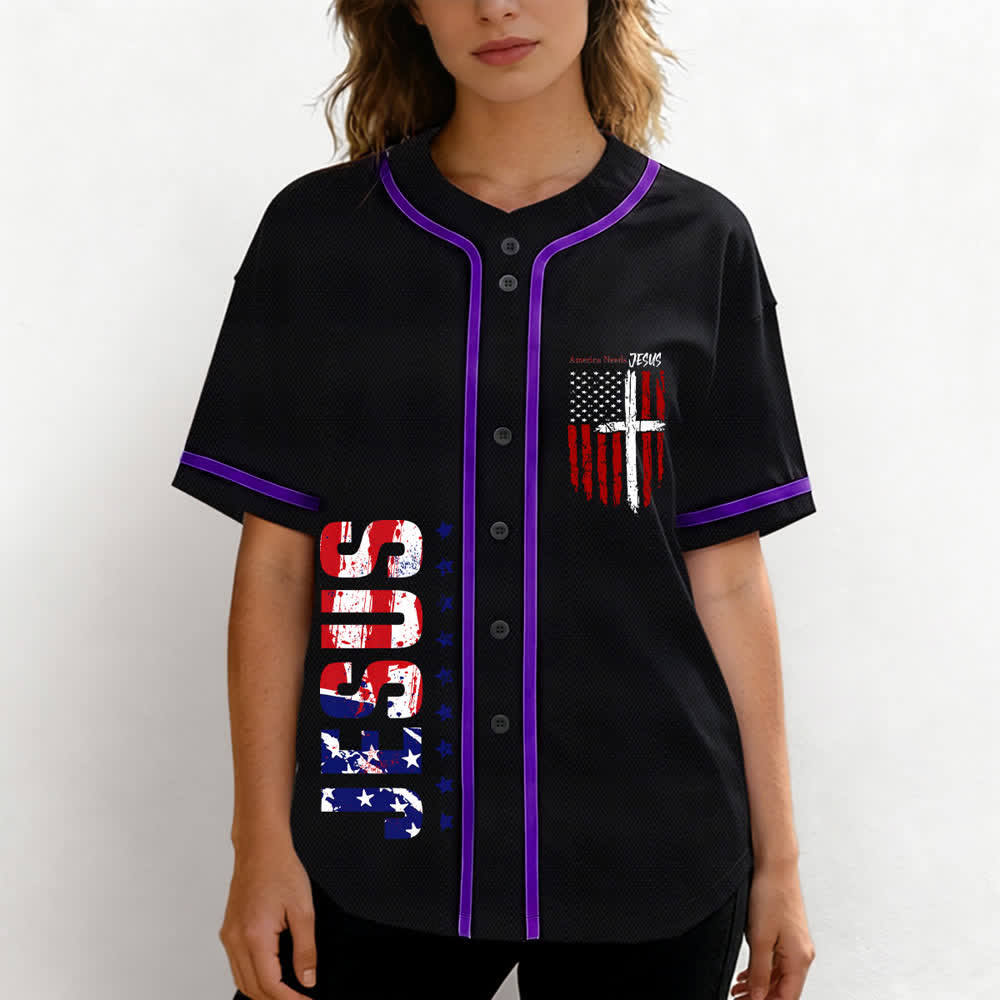 Christianartworkshop America Needs Jesus Maglia da baseball con bottoni e bandiera effetto invecchiato - image 60