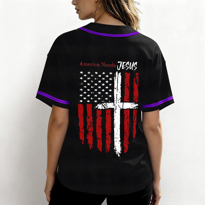 Christianartworkshop America Needs Jesus Maglia da baseball con bottoni e bandiera effetto invecchiato - image 59