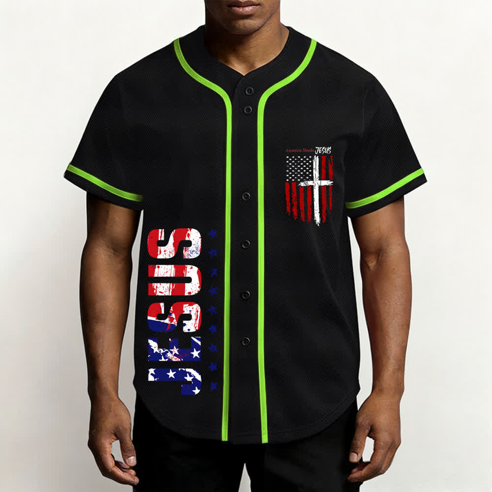 Christianartworkshop America Needs Jesus Maglia da baseball con bottoni e bandiera effetto invecchiato - image 41