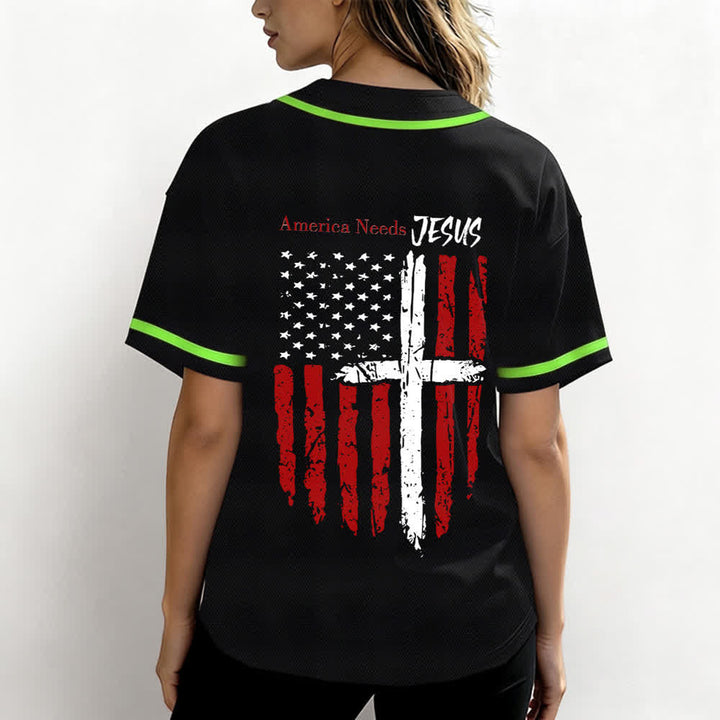 Christianartworkshop America Needs Jesus Maglia da baseball con bottoni e bandiera effetto invecchiato - image 38