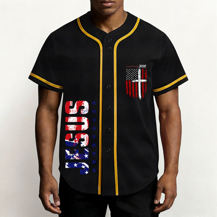Christianartworkshop America Needs Jesus Maglia da baseball con bottoni e bandiera effetto invecchiato - image 6