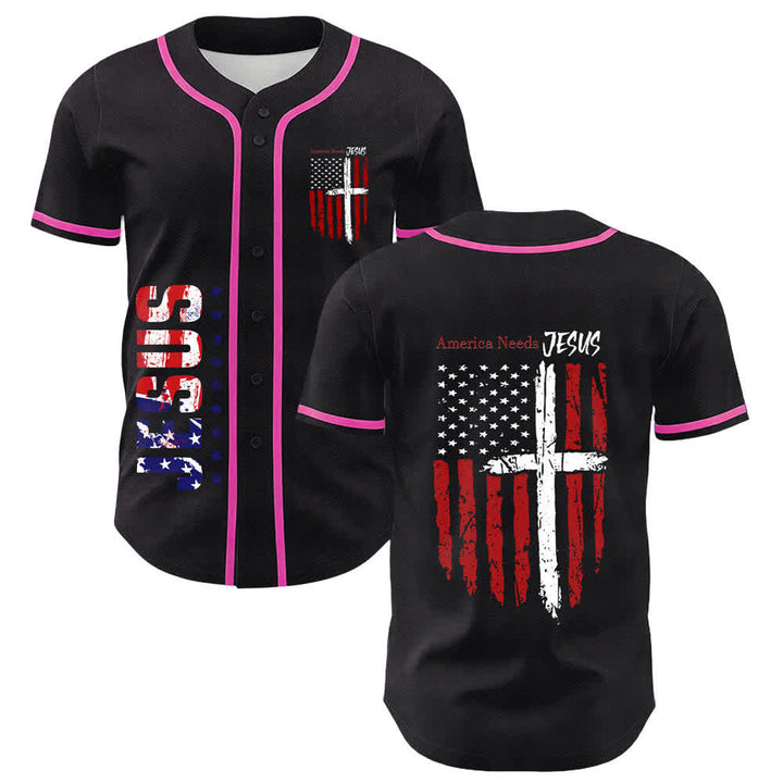 Christianartworkshop America Needs Jesus Maglia da baseball con bottoni e bandiera effetto invecchiato - Rosa - 5XL - image 49