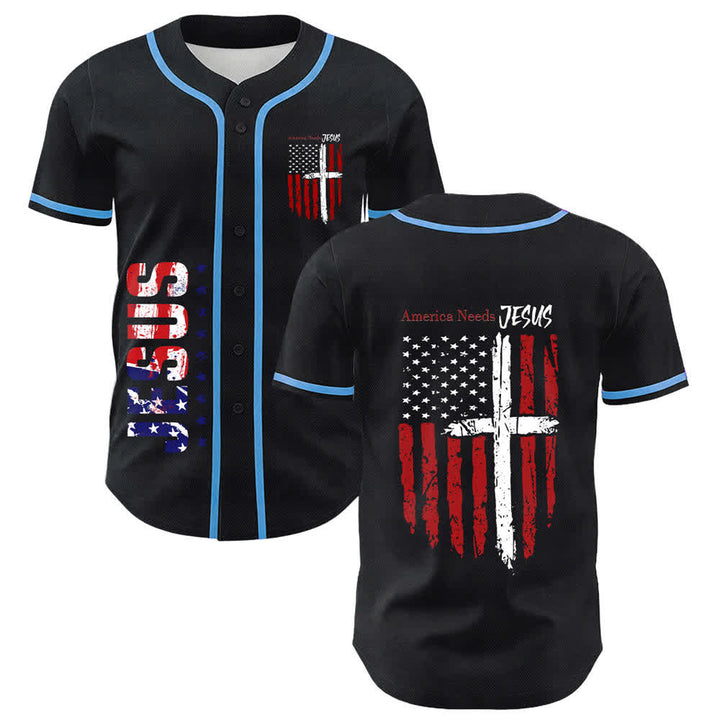 Christianartworkshop America Needs Jesus Maglia da baseball con bottoni e bandiera effetto invecchiato - Blu celeste - 5XL - image 28
